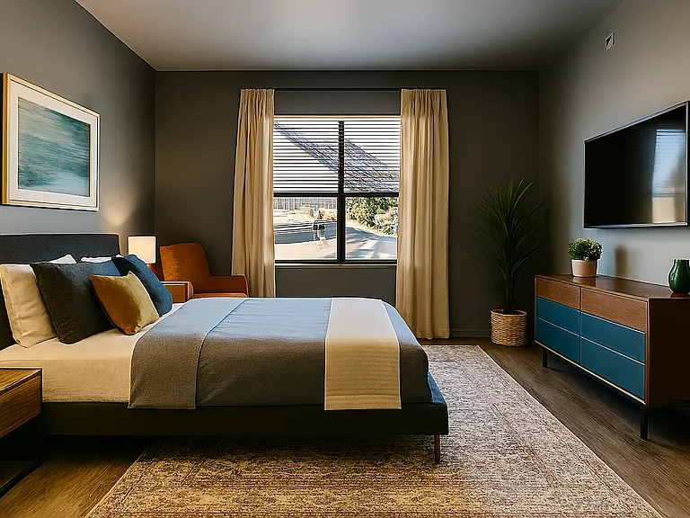 Bright bedroom with warm wood floors, soft Swiss Coffee walls, and a spacious layout. Large window brings in great natural light, with room for a king bed, storage, and seating. A calm, modern space that's easy to personalize.