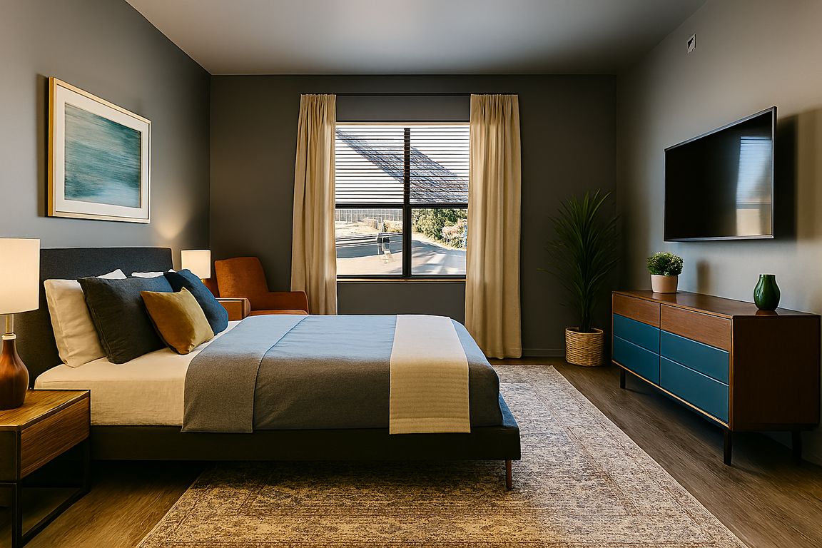 Bright bedroom with warm wood floors, soft Swiss Coffee walls, and a spacious layout. Large window brings in great natural light, with room for a king bed, storage, and seating. A calm, modern space that's easy to personalize.