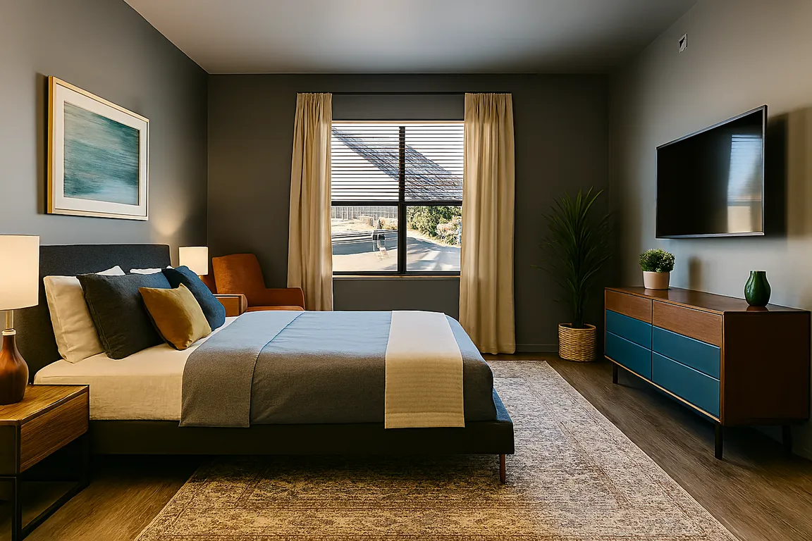 Bright bedroom with warm wood floors, soft Swiss Coffee walls, and a spacious layout. Large window brings in great natural light, with room for a king bed, storage, and seating. A calm, modern space that's easy to personalize.