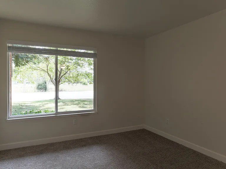 Spacious, carpeted bedroom.