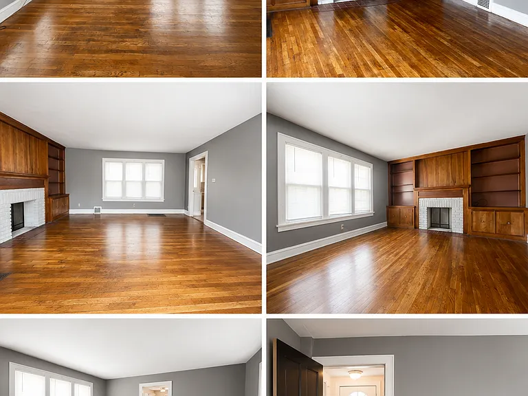 Additional angles of main living room, showing size of room. Accessible through front door entryway which includes small carpeted doorway, closet space included in doorway. Built in cabinetry and non working fireplace.