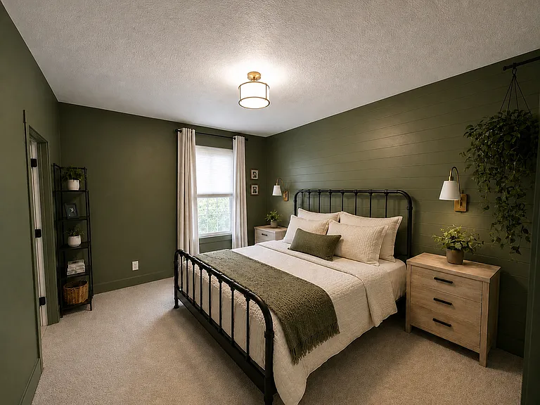 Primary bedroom with updated lighting and wall feature. Includes blackout blind for optimal rest.