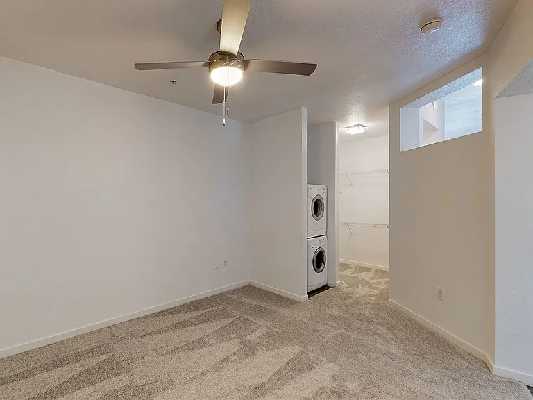 Spacious apartment bedroom with plush carpet flooring.