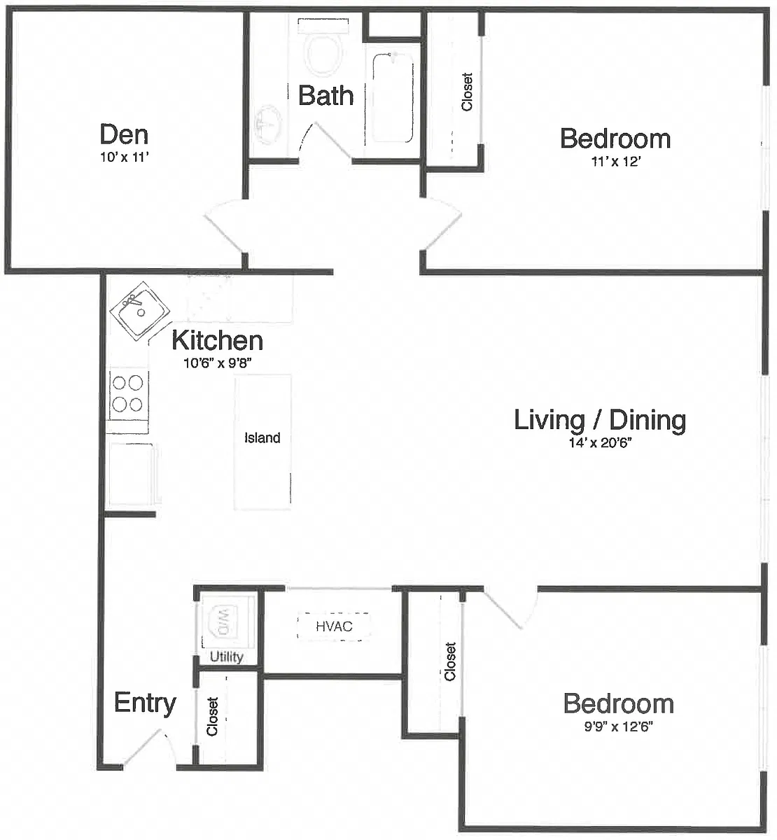 Floor plan 2 Bed/1 Bath Den-0H