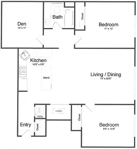 Floor plan 2 Bed/1 Bath Den-0H