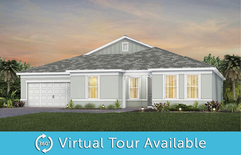 The Reverence, a one-story single family home with a 2 car garage, shown as home exterior CO3