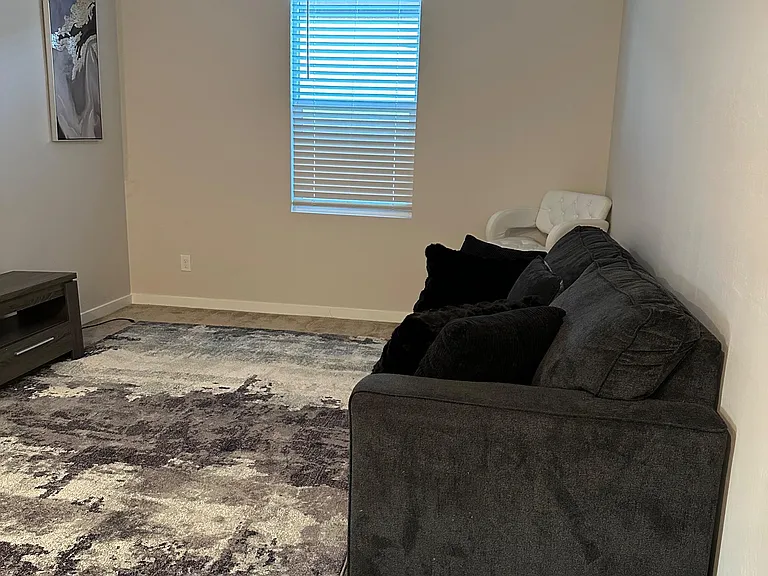 Comfortable living area with a large rug, sofa seating, and a window with blinds for adjustable light and privacy.