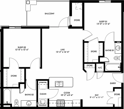 Floor plan Two Bedroom/Two Bath