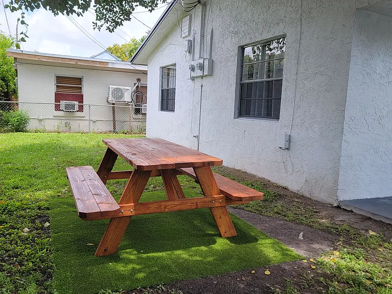 backyard patio with picnic table