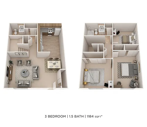 Floor plan Three Bedroom 1.5 Bath Townhome 1,184 sqft