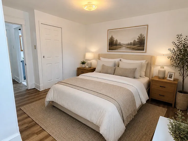 Bedroom 1 - This photo features virtual staging (AI-generated furniture) to help show the potential layout of the room. The property is being rented unfurnished.