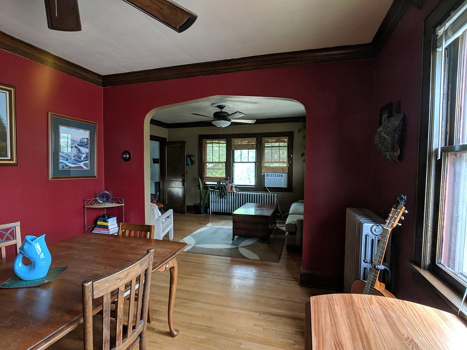 Combined view of the dining and living rooms.