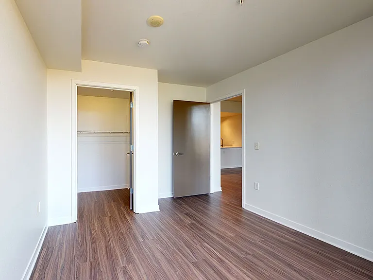 Spacious apartment bedroom with large closet and wood-style flooring.