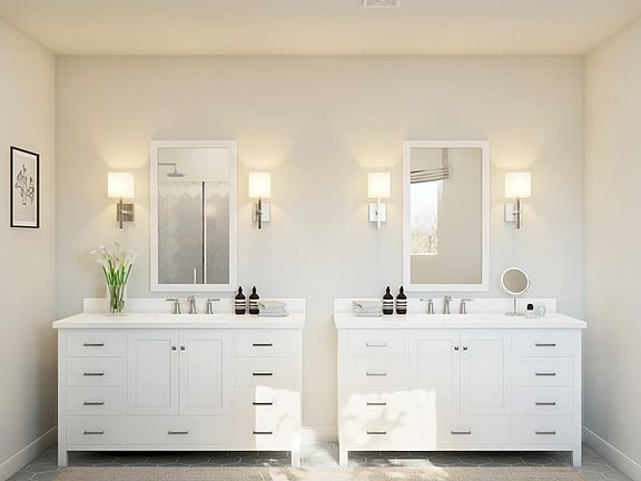 Primary bath with dual freestanding vanities