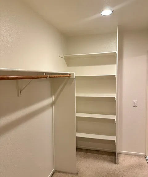 Primary walk-in closet with shelves.