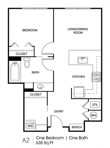Floor plan A2: 1 Bed 1 Bath