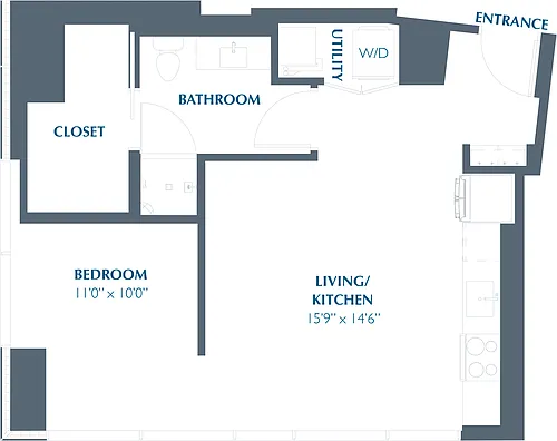 Floor plan Studio 1BA (629 SF)