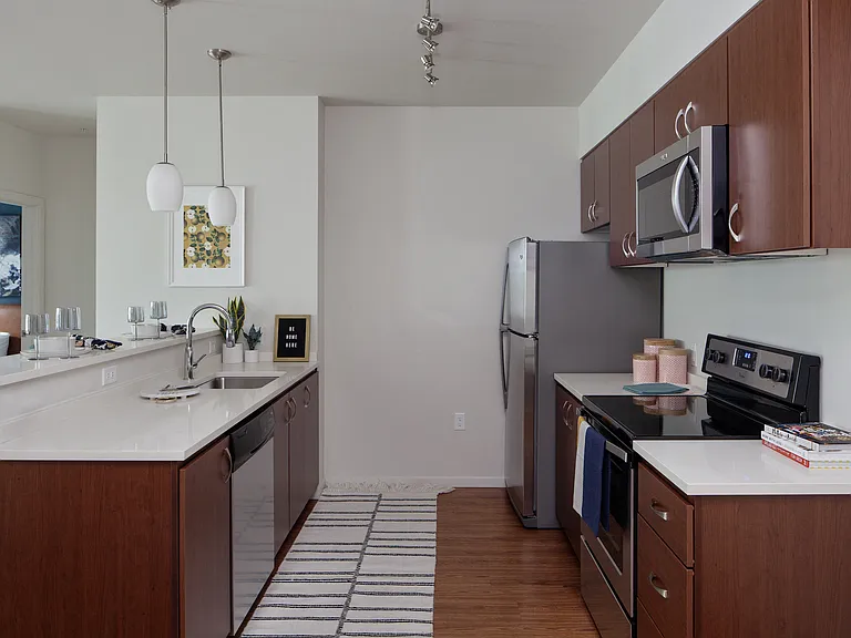 Grant Park Village side kitchen shot showing dark cabinets and appliances