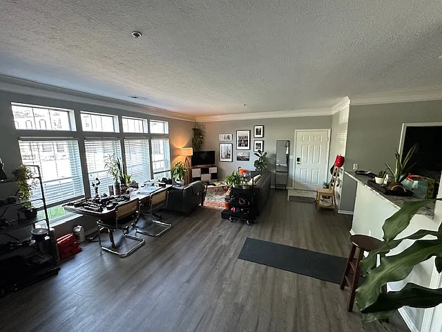 Living room with wall of windows and newer luxury vinyl flooring.