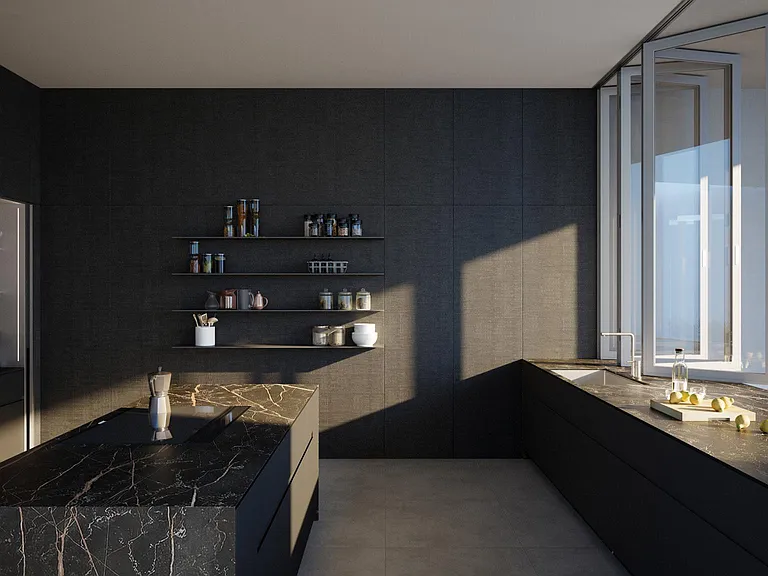 Abundant natural lighting in Kitchen _ Contemporary kitchen in two-bedroom residences with imported marble counters, integrated Miele appliances, and plenty of storage, perfect for a culinary enthusiast.