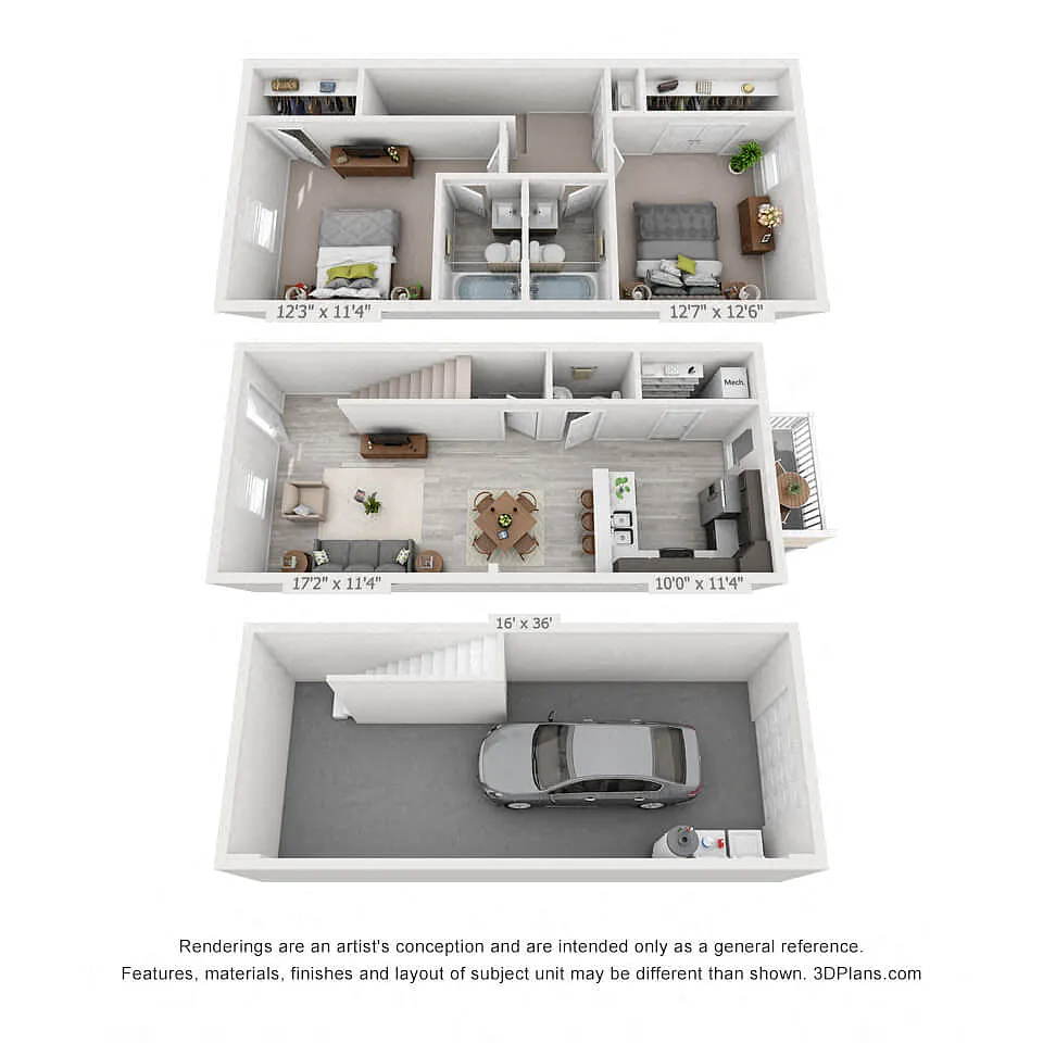 Floor plan 2 Bedroom, 2.5BA Townhome with Garage