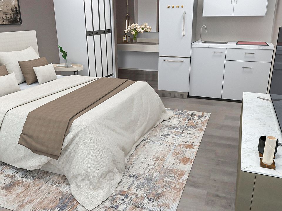 Studio apartment with Complete kitchen functionality with a full-sized refrigerator-freezer, 2-burner cooktop, European dishwasher, and sink