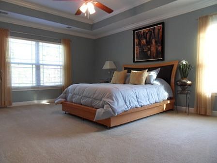 A huge master bedroom with a tray ceiling...