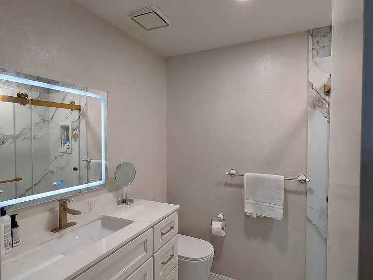 Primary bathroom fully remodeled with stone finished walk-in shower, glass doors, Delta hardware, skirted toilet, and LED Mirror with light and anti-fog features.