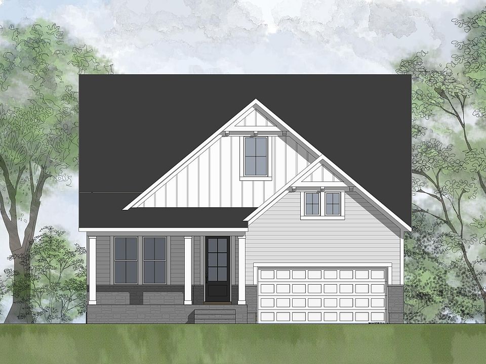stone, siding, board and batten house with front porch