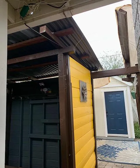 tool/garden shed, shelves and hooks ready