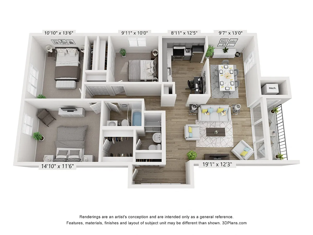 Floor plan Q - 3BR 2BA (1205sf)