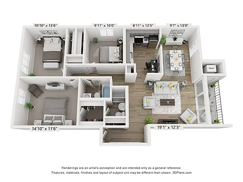 Floor plan Q - 3BR 2BA (1205sf)