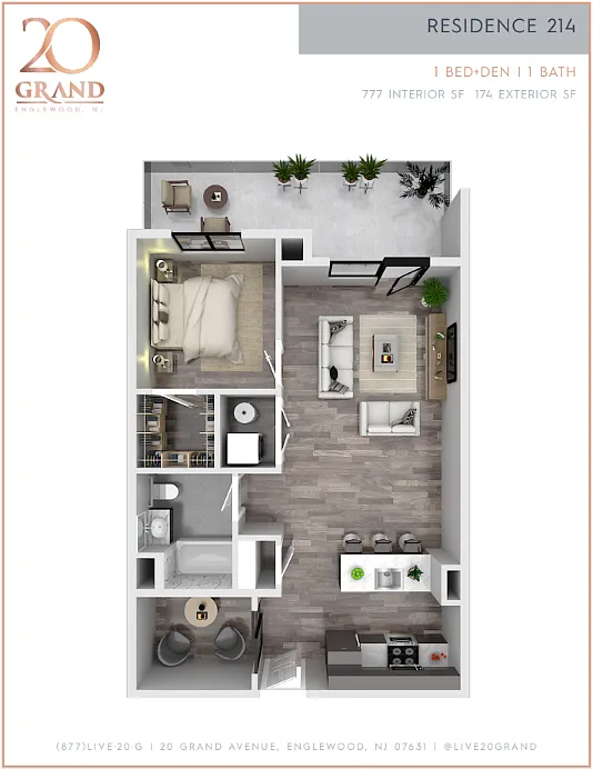 Floor plan 1BD DEN Outdoor