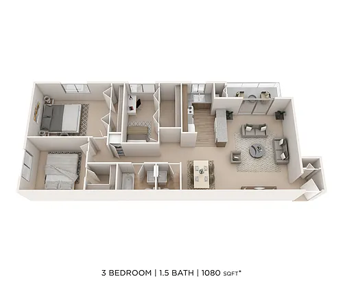 Floor plan Three Bedroom 1.5 Bath - 1,080 sqft