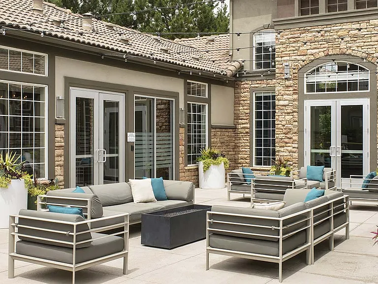 Apartment community Outdoor Lounge at Griffis Belleview Station in Denver, Colorado.