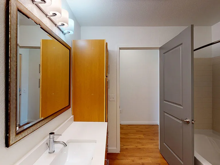 Apartment bathroom with wood-style flooring.