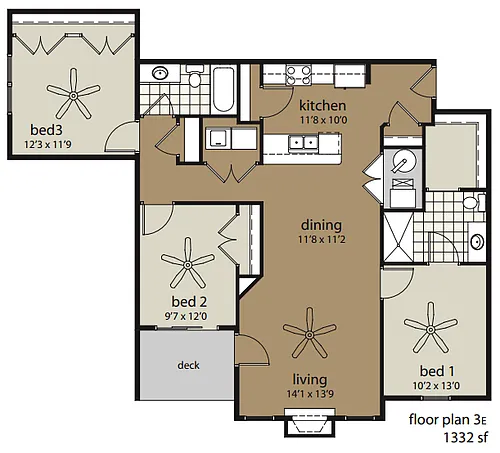 Floor plan 3E 1332 sf
