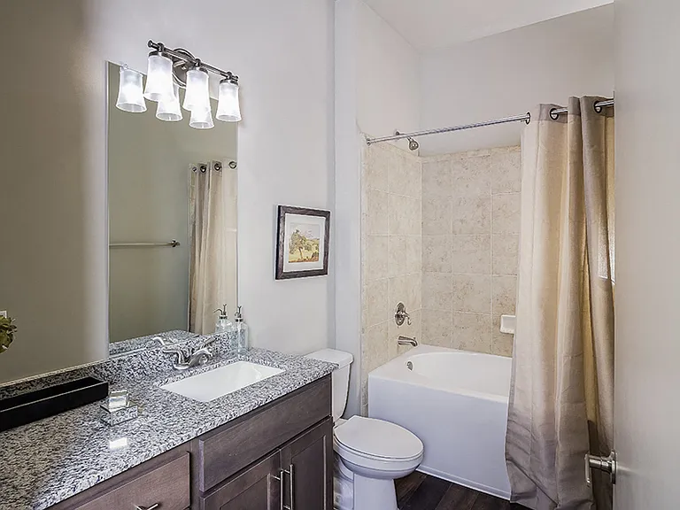 Baths feature modern lighting, luxury vinyl plank flooring and granite or marble countertops