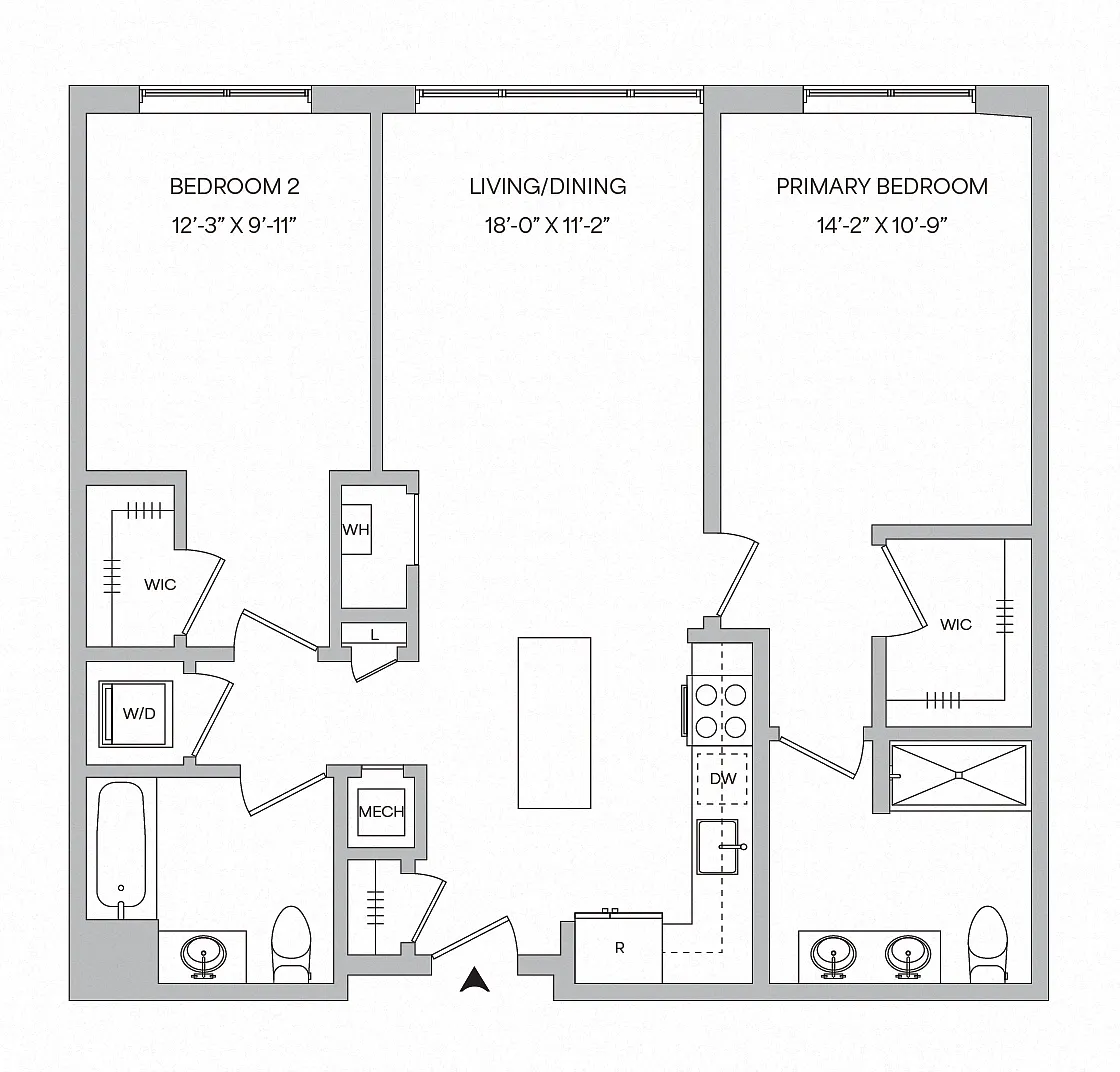 Floor plan B02 - 2BR 2BA (1043 SF)