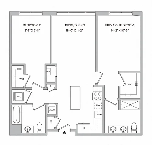 Floor plan B02 - 2BR 2BA (1043 SF)