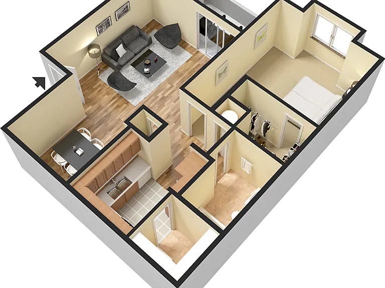 Modern 3D floor plan featuring a cozy living room, sleek kitchen with dining area, 1 bedroom, and a spacious bathroom. Modern 3D floor plan featuring a cozy living room, sleek kitchen with dining area, 1 bedroom, and a spacious bathroom.