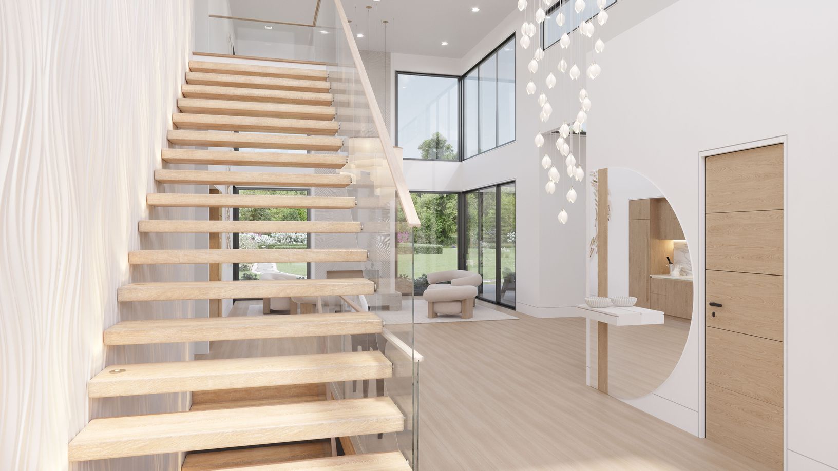 A floating staircase with glass balustrades rises within the dramatic double-height foyer.