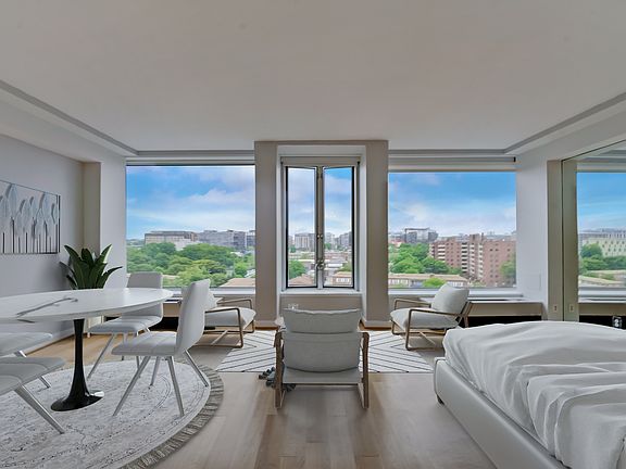 View from kitchen, with staging.