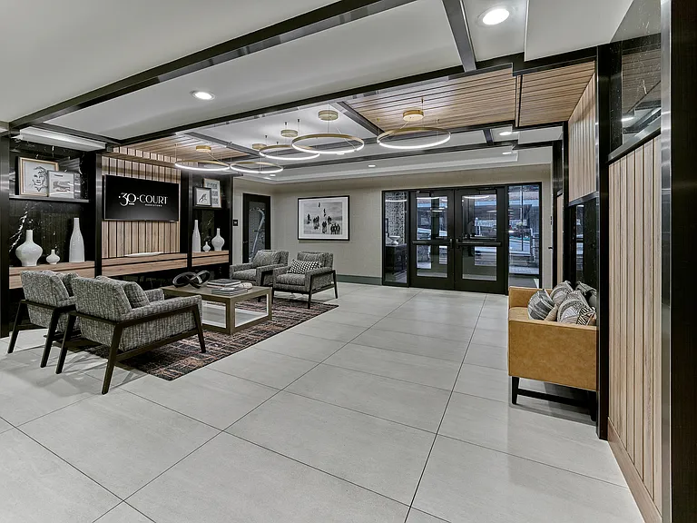 Featuring our elegant lobby with modern seating and sophisticated decor.
