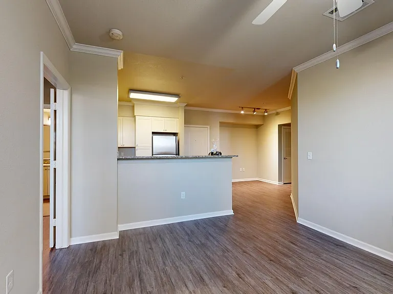 Apartment dining and living room with wood-style flooring.