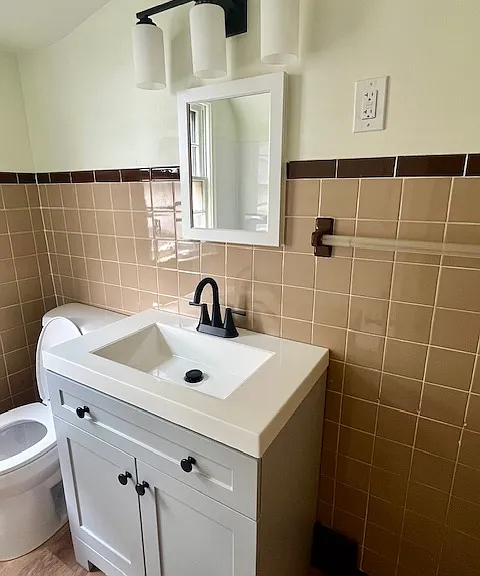 New vanity, light fixtures, medicine cabinet, toilet and flooring,