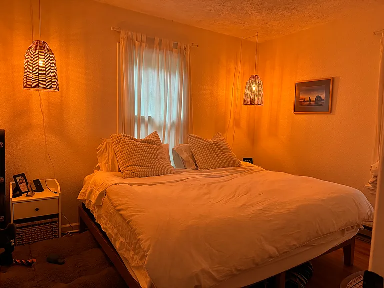 Room #1, bed, bed frame, lamps, side tables included