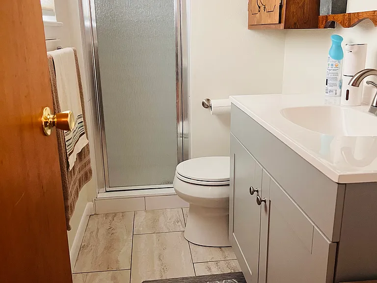 3/4 bathroom with natural light and walk-in shower, attached to the garden-level bedroom.