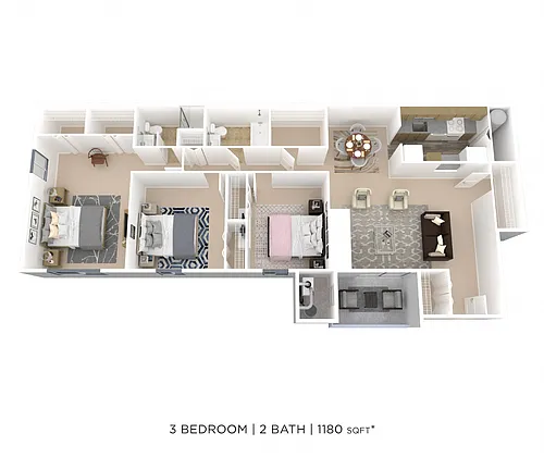 Floor plan Three Bedroom 2 Bath - 1,180 sqft