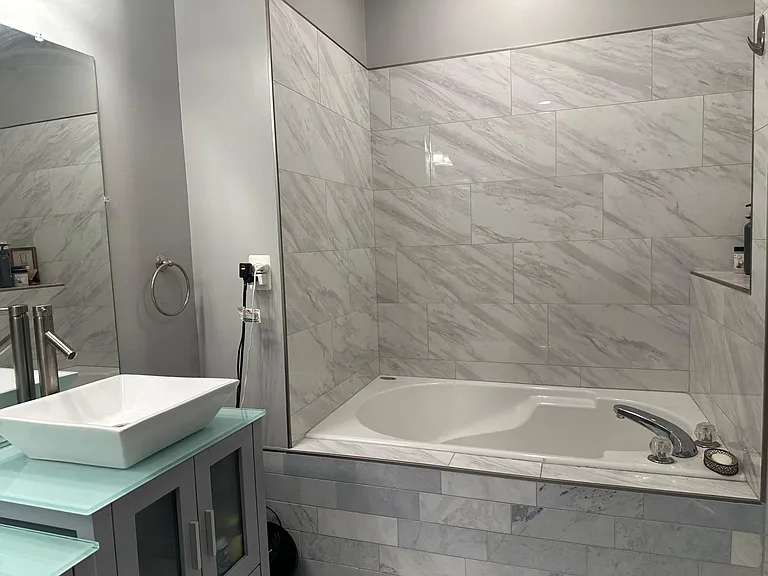 Newly renovated Master bath, double vanity, custom glass shower, bath
